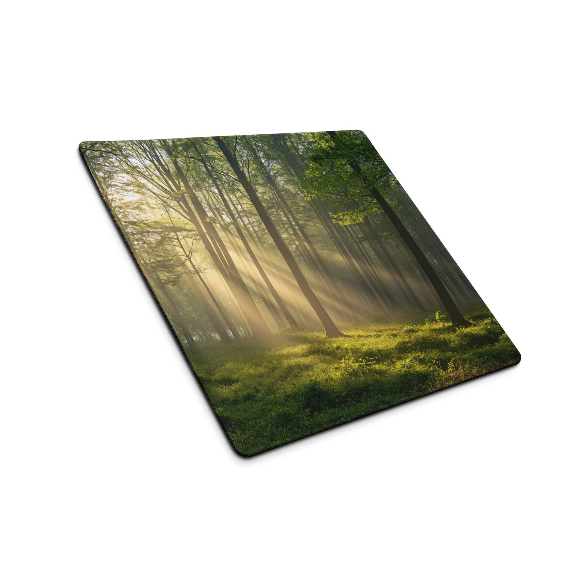 Forest Sunlight gaming mouse pad with sunbeams through misty trees
