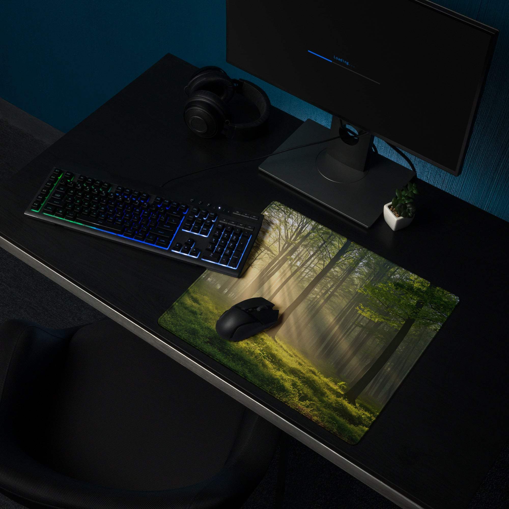 Forest sunlight gaming mouse pad with vivid trees, moss, sunbeams, non-slip base