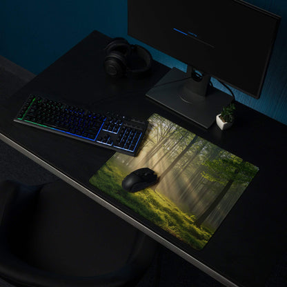 Forest sunlight gaming mouse pad with vivid trees, moss, sunbeams, non-slip base