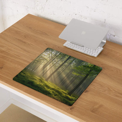 Forest sunlight gaming mouse pad with detailed trees moss sunbeams large non-slip base