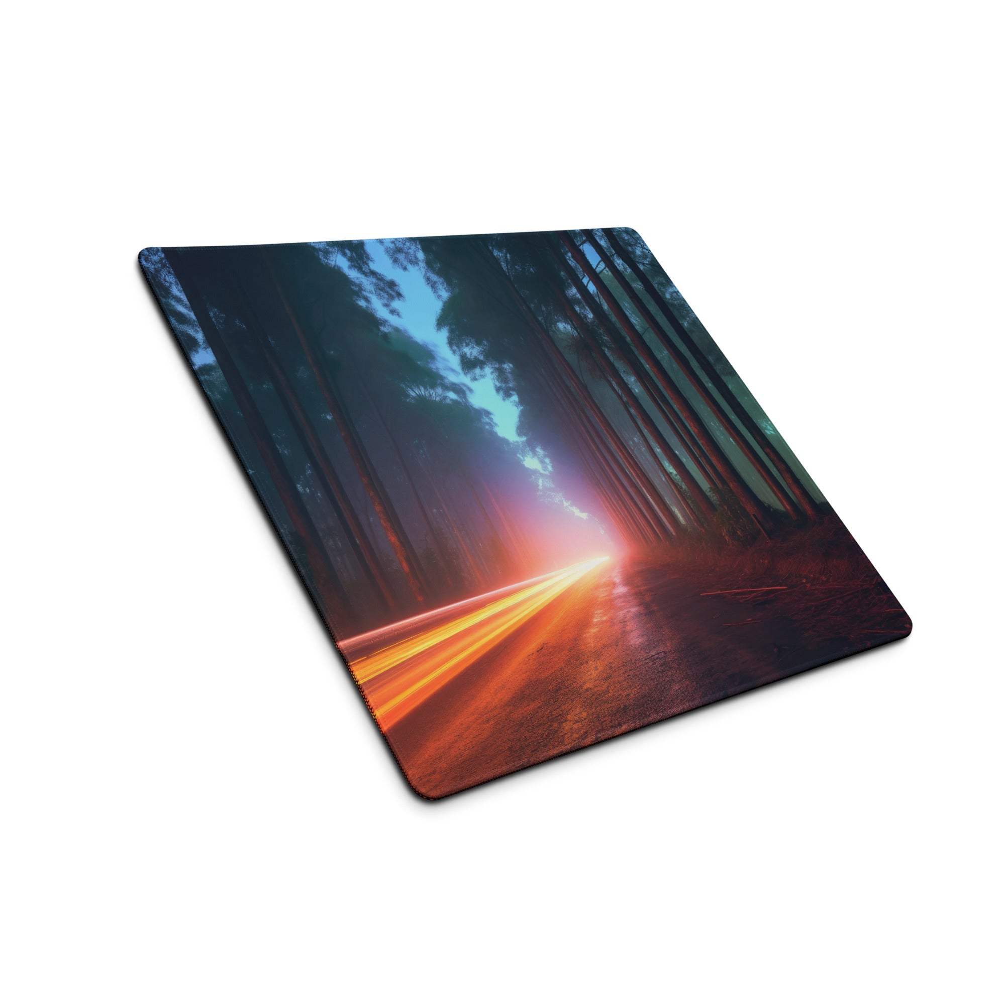 Neon Forest Road gaming mouse pad with glowing trails, large size, stitched edges