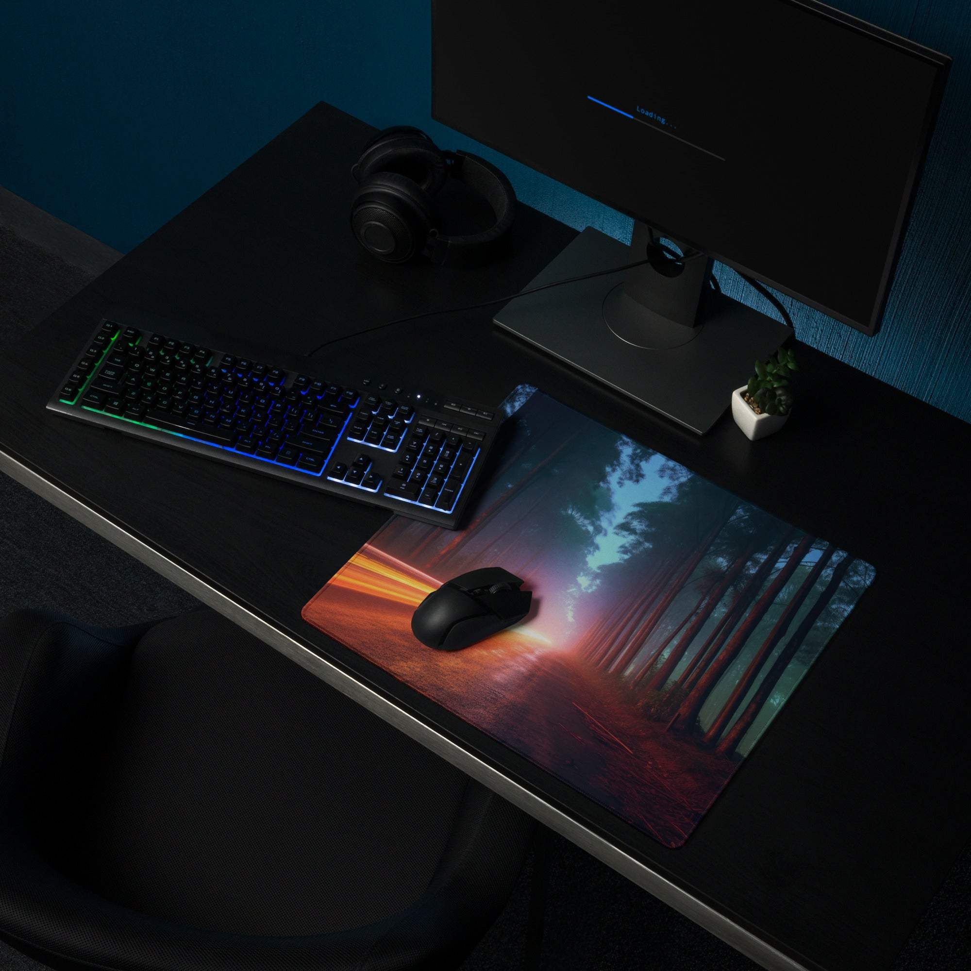 Neon Forest Road gaming mouse pad with vivid forest scene and stitched edges