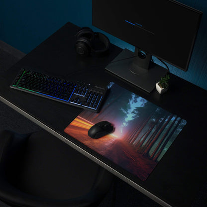 Neon Forest Road gaming mouse pad with vivid forest scene and stitched edges