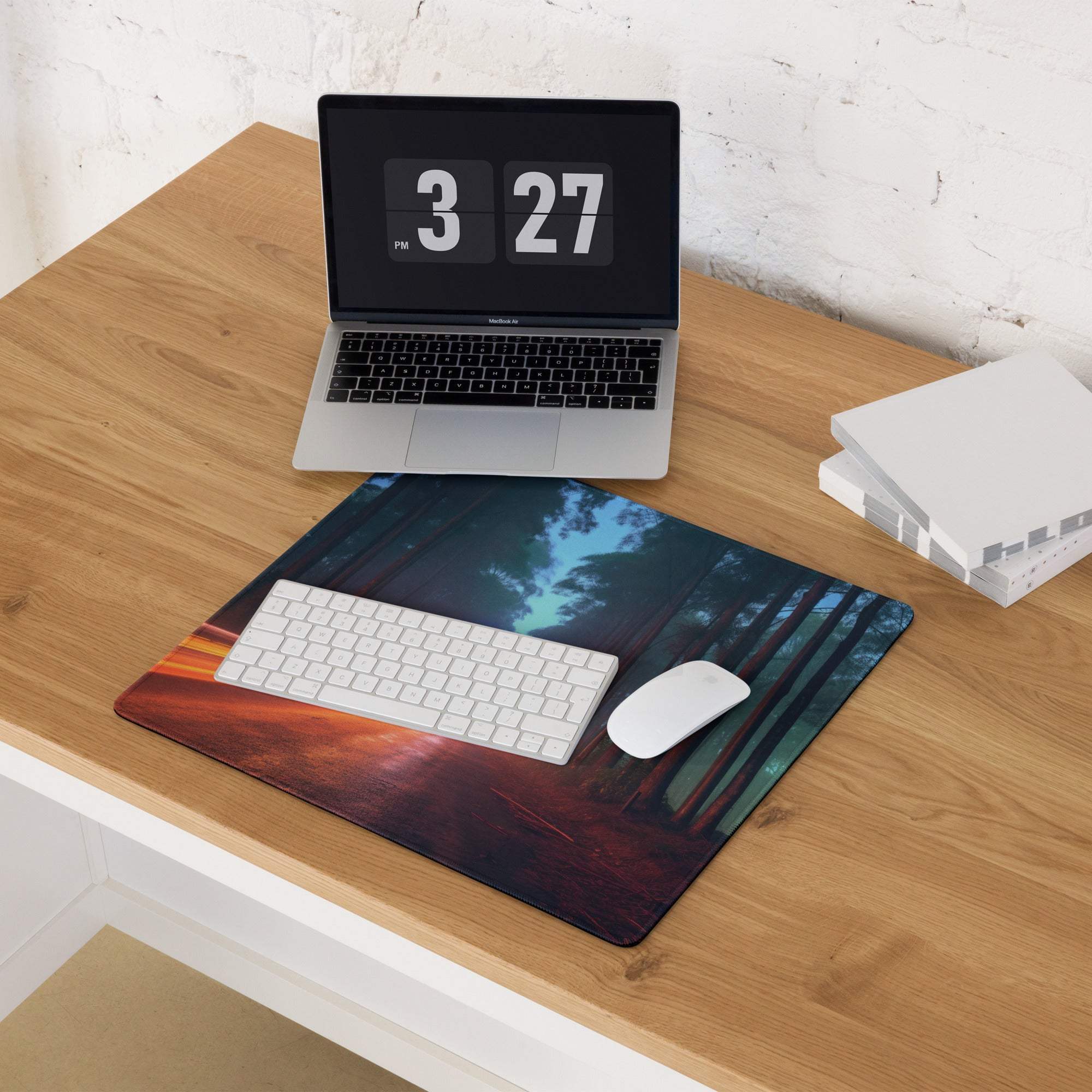 Neon Forest Road gaming mouse pad with deep blue green orange forest scene