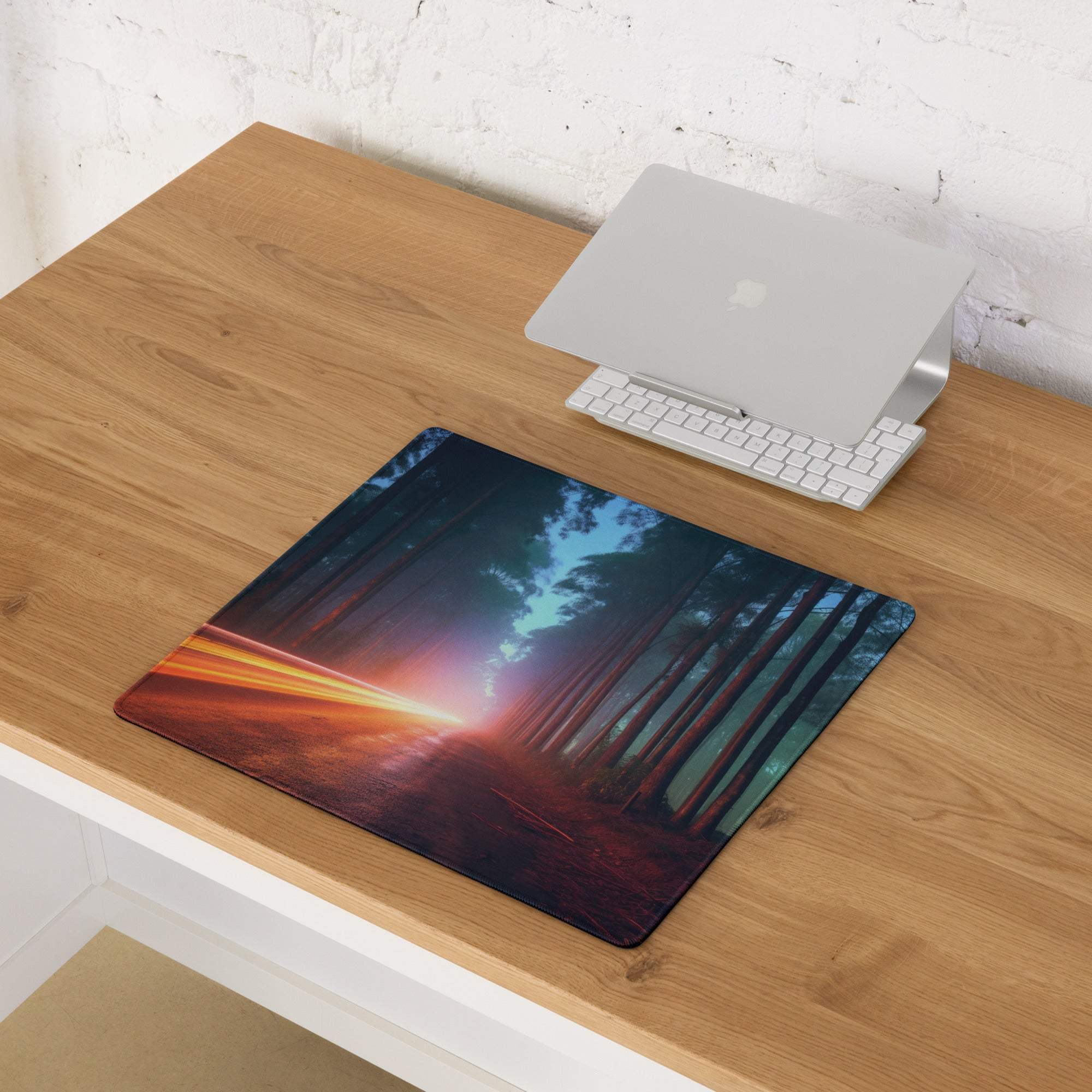 Neon Forest Road gaming mouse pad with vibrant trees and blue sky
