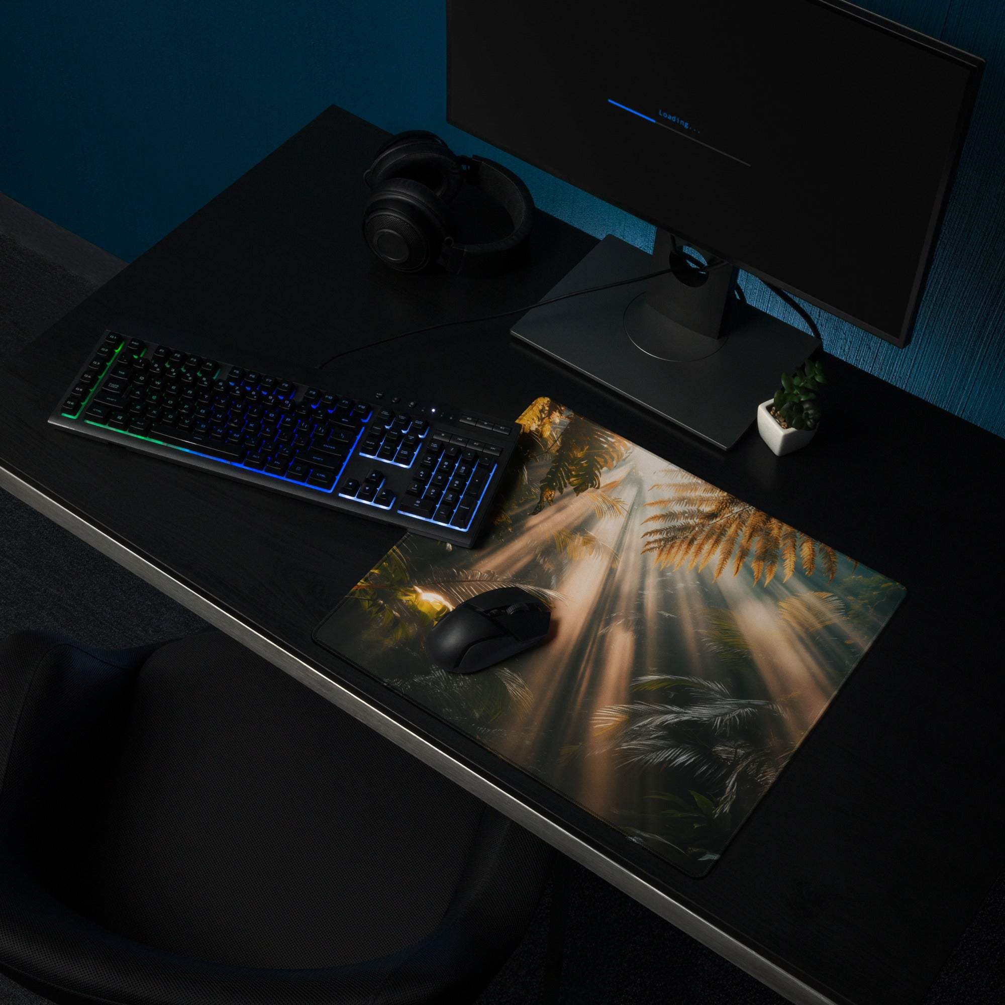 Large immersive jungle sunrise gaming mouse pad with golden sunbeams through lush foliage, non-slip stitched edges for Dota CSGO setups