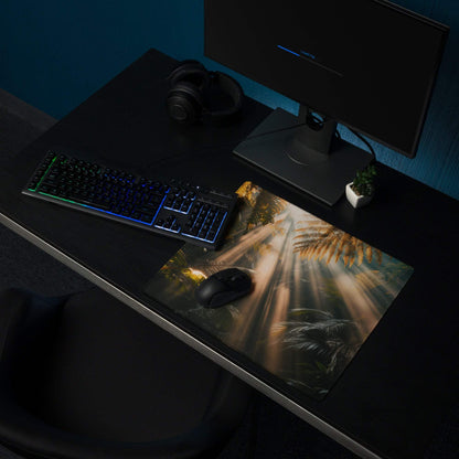 Large immersive jungle sunrise gaming mouse pad with golden sunbeams through lush foliage, non-slip stitched edges for Dota CSGO setups