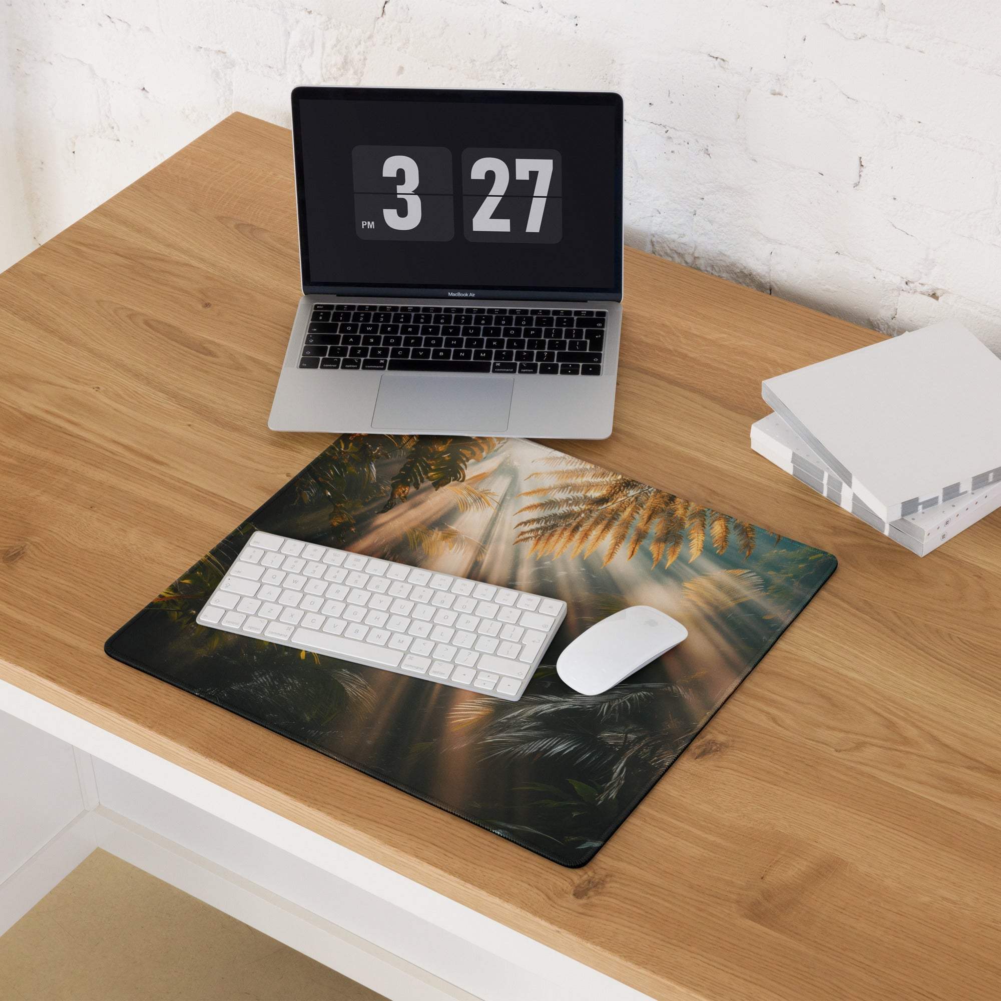 Large immersive jungle sunrise gaming mouse pad with non-slip edge stitching