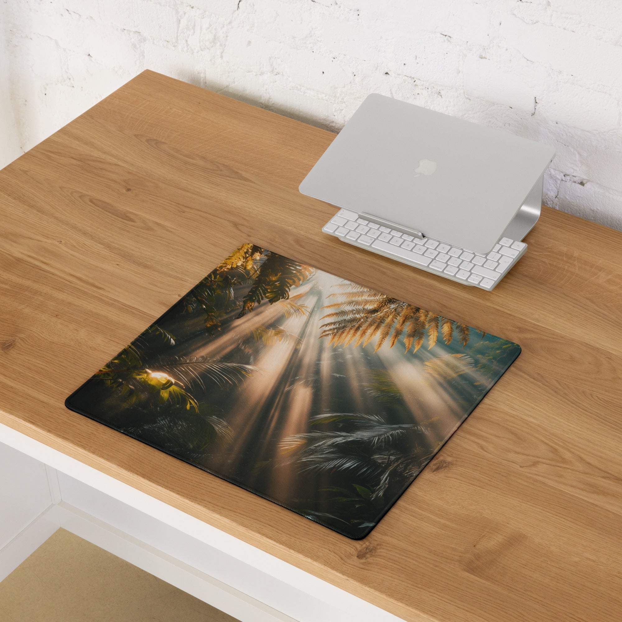 Large immersive jungle sunrise gaming mouse pad with non-slip edge stitching