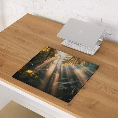 Large immersive jungle sunrise gaming mouse pad with non-slip edge stitching