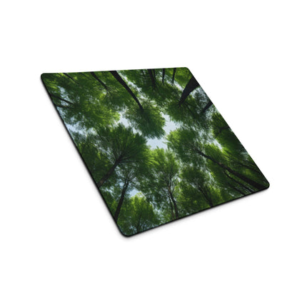 Large forest canopy gaming mouse pad with tall green trees and blue sky