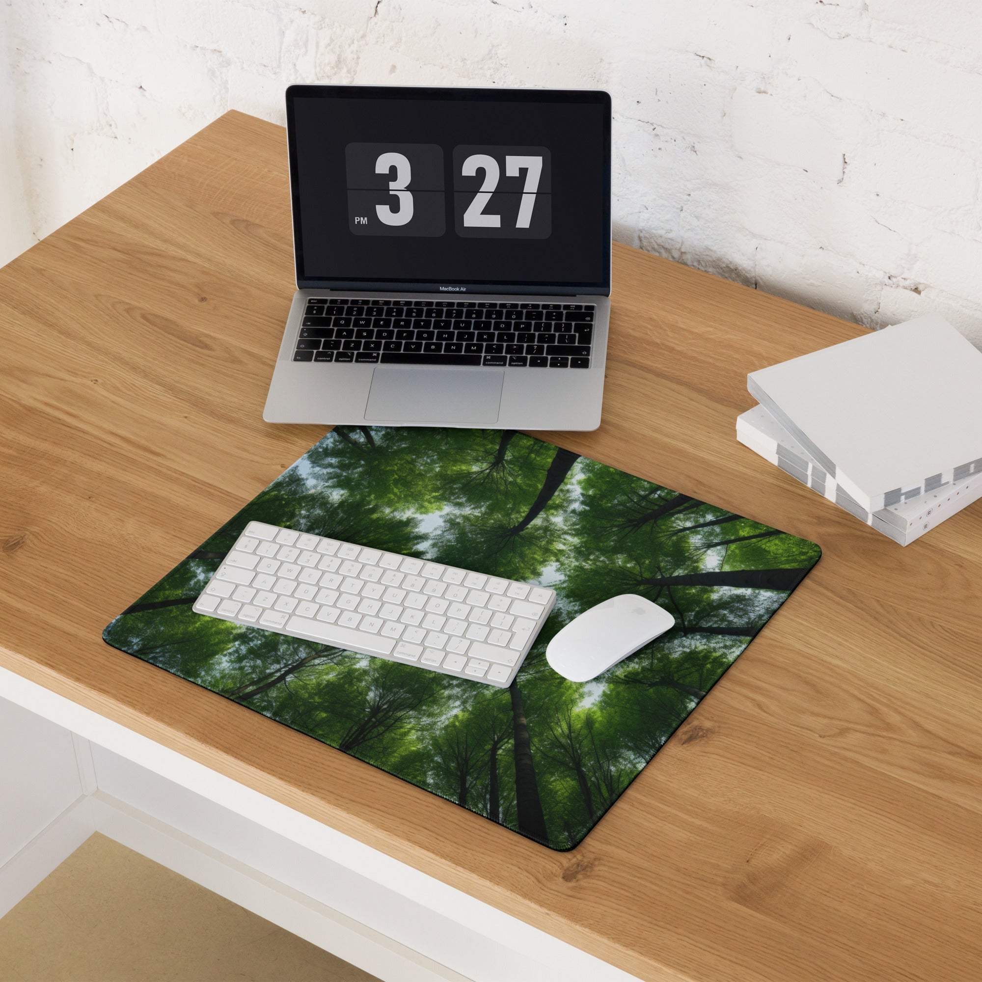 Large forest canopy gaming mouse pad with vibrant green tree design