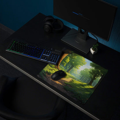 Verdant Forest gaming mouse pad with lush sunlit trees and non-slip surface