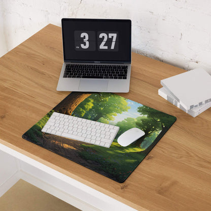 Large verdant forest gaming mouse pad with non-slip surface and stitched edges