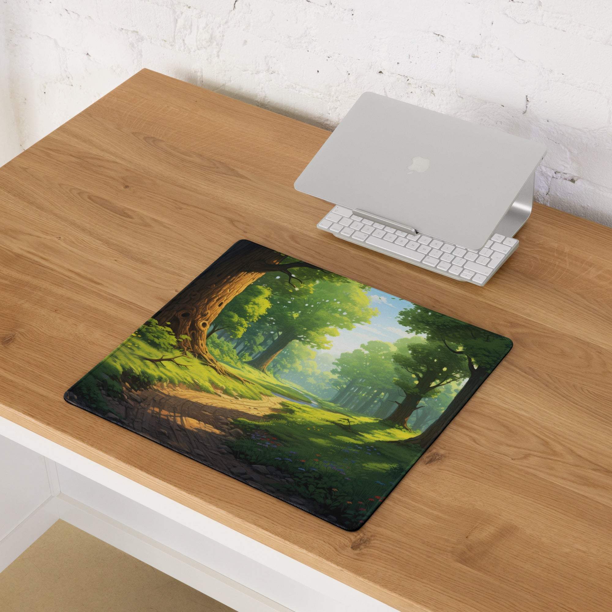 Verdant Forest gaming mouse pad with lush trees, non-slip surface, edge stitching