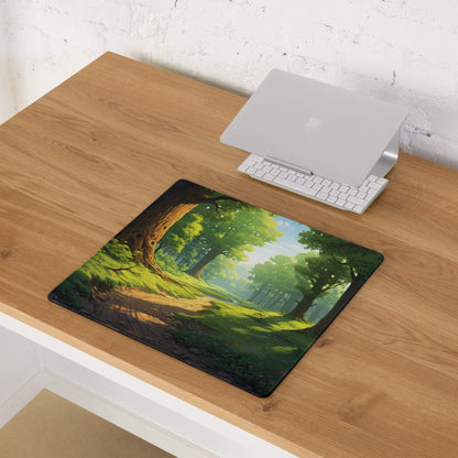 Verdant Forest gaming mouse pad with lush trees, non-slip surface, edge stitching