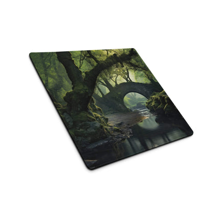 Forest moody emerald green gaming mouse pad with arched bridge scene
