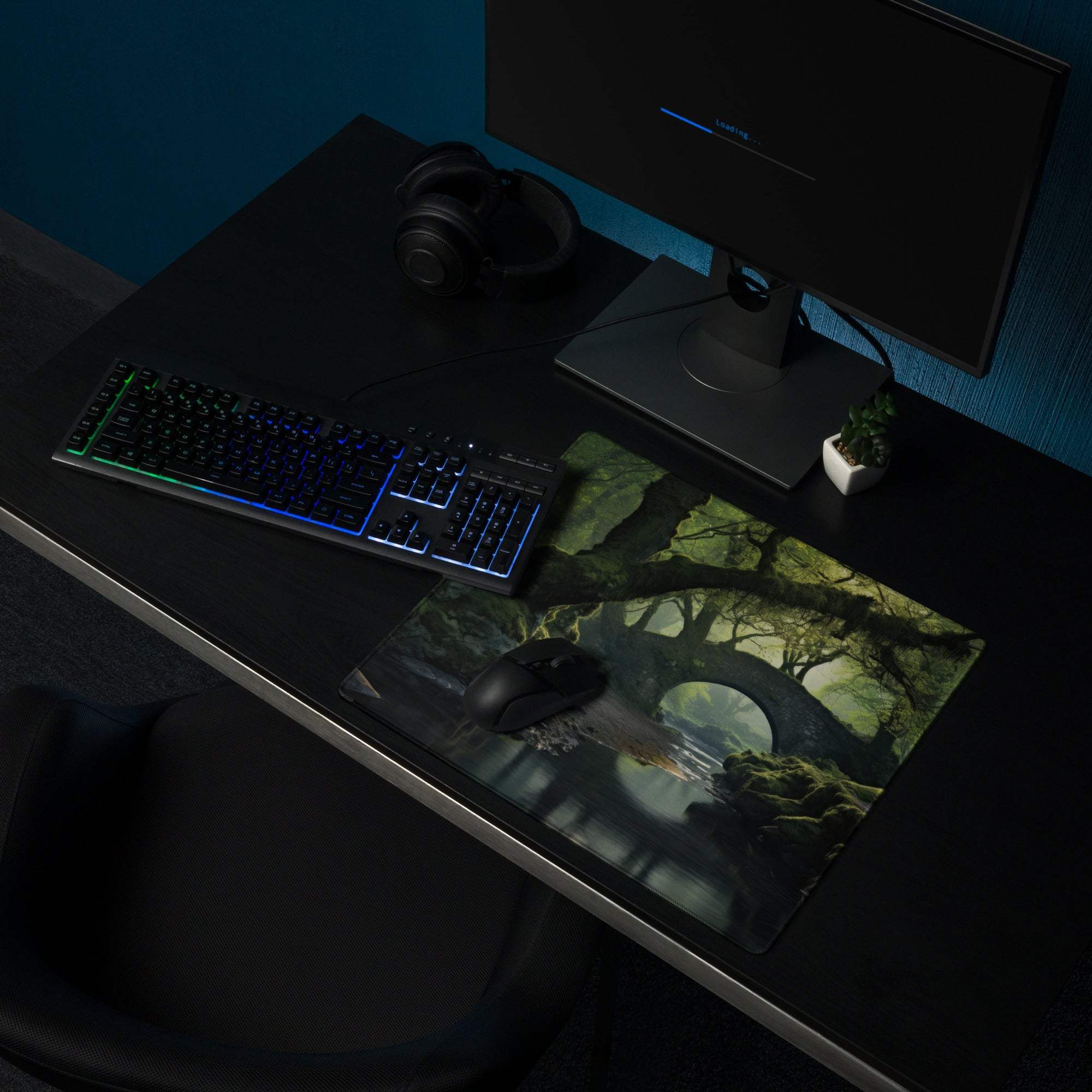Forest Landscape Moody Emerald Green Gaming Mouse Pad with mossy trees and stone bridge
