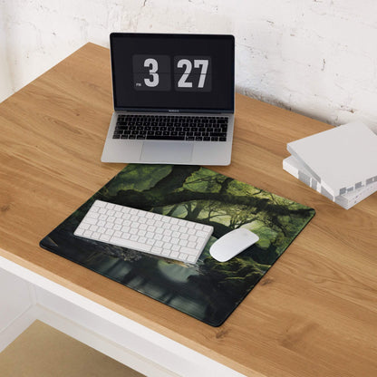 Forest Landscape Moody Emerald Green Gaming Mouse Pad with mossy tree branches