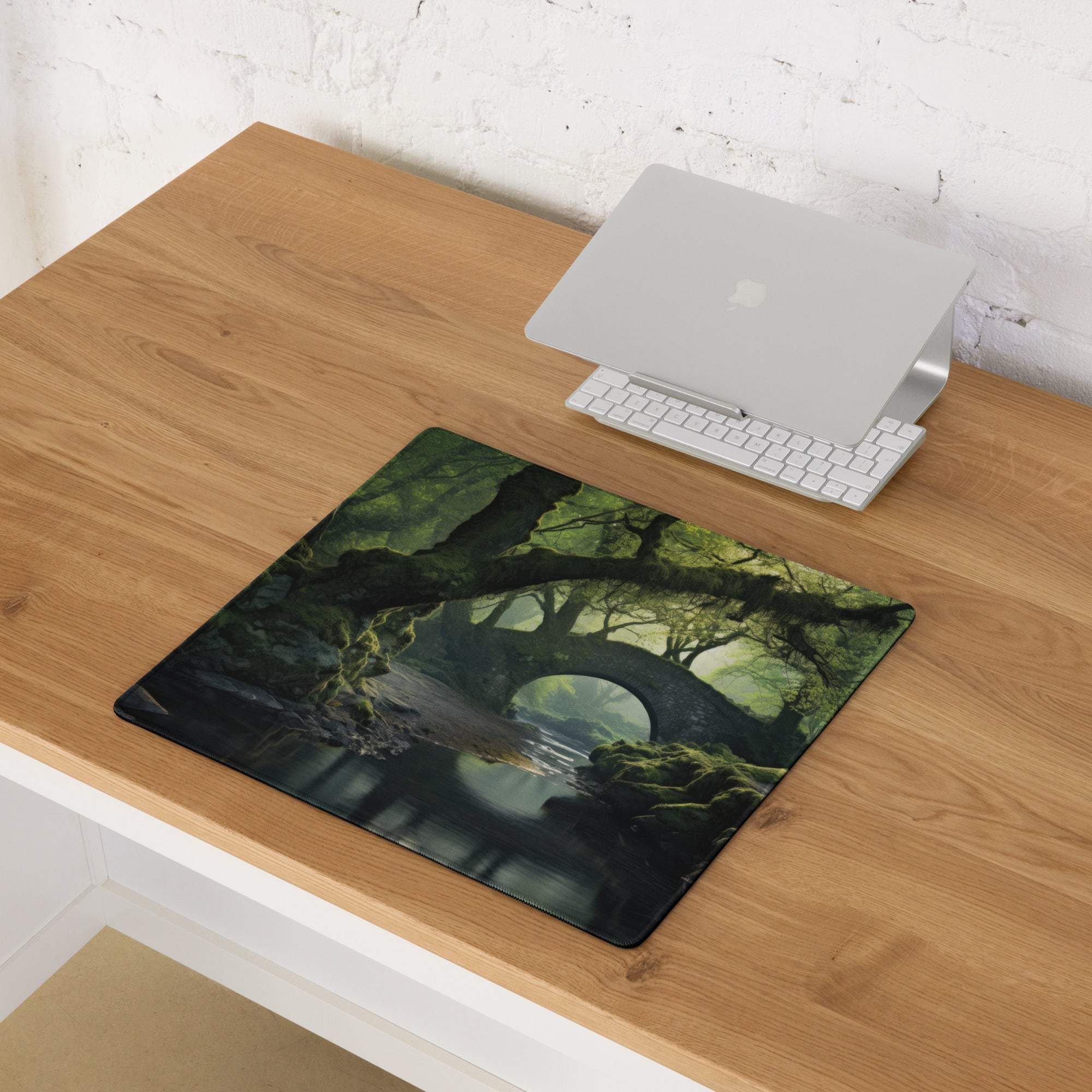 Forest Landscape Moody Emerald Green Gaming Mouse Pad with Dark Forest Bridge Scene