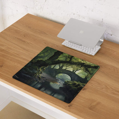 Forest Landscape Moody Emerald Green Gaming Mouse Pad with Dark Forest Bridge Scene