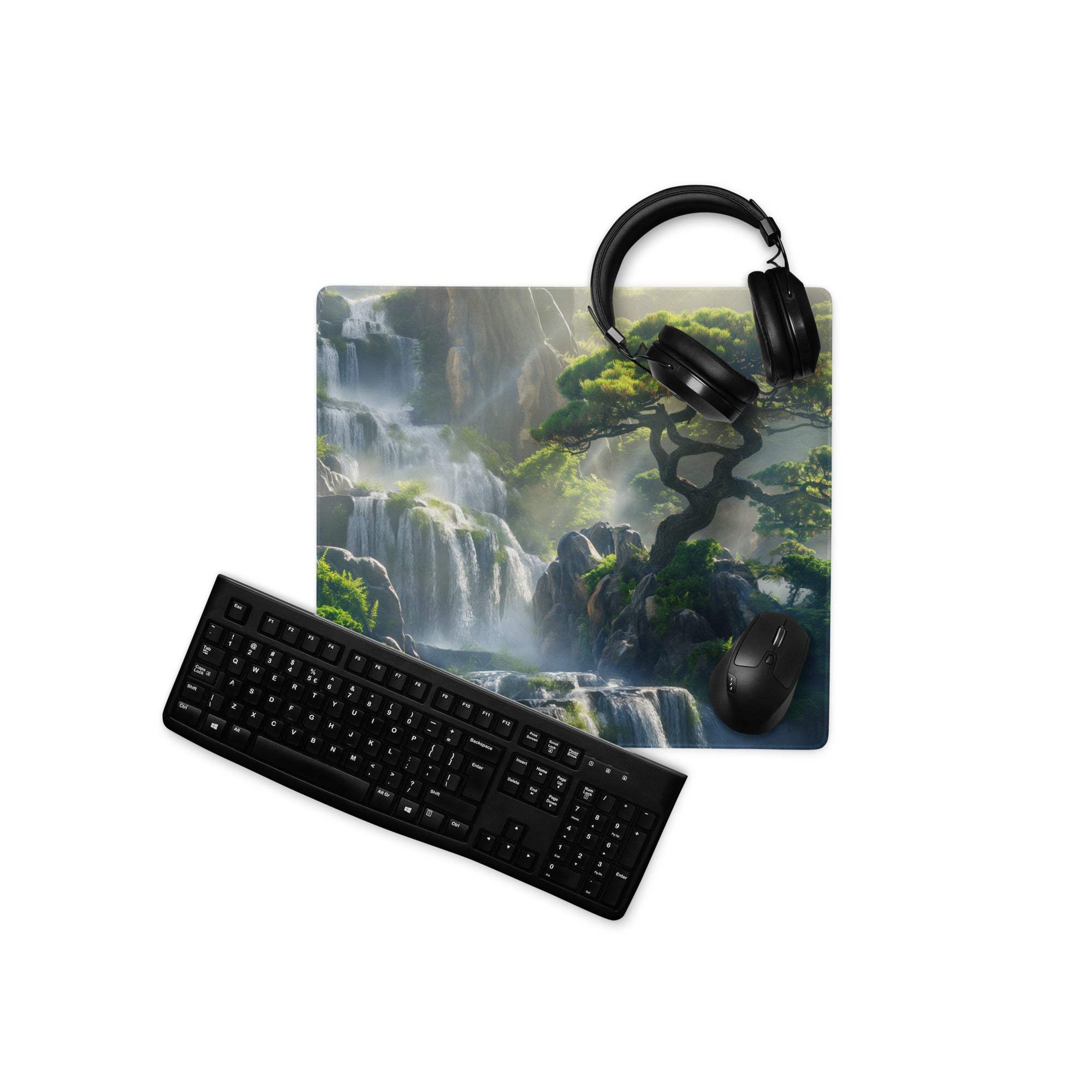Black keyboard on calming green forest waterfall gaming mouse pad