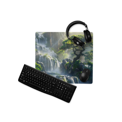 Black keyboard on calming green forest waterfall gaming mouse pad