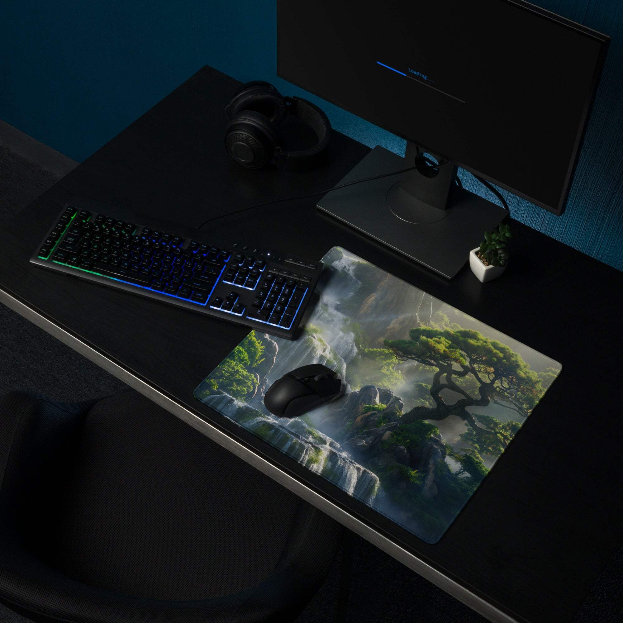 Nature inspired green forest waterfall gaming mouse pad with misty scene