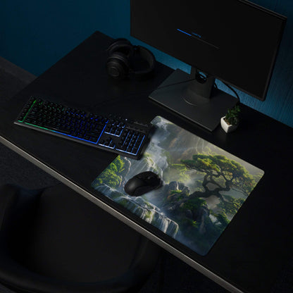 Nature inspired green forest waterfall gaming mouse pad with misty scene