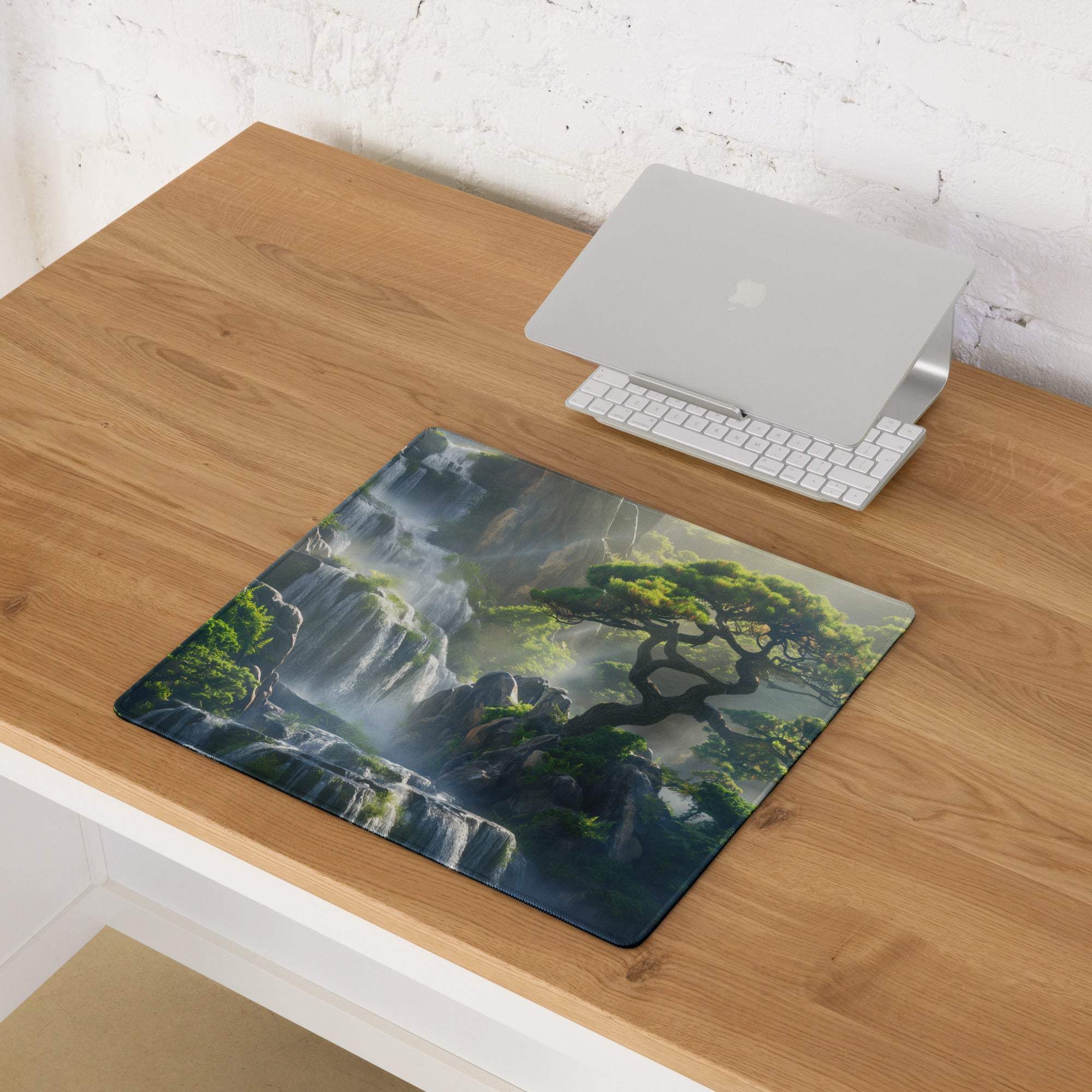 Large nature-inspired green forest waterfall gaming mouse pad with non-slip base