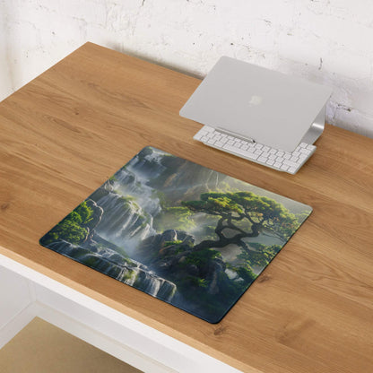 Large nature-inspired green forest waterfall gaming mouse pad with non-slip base