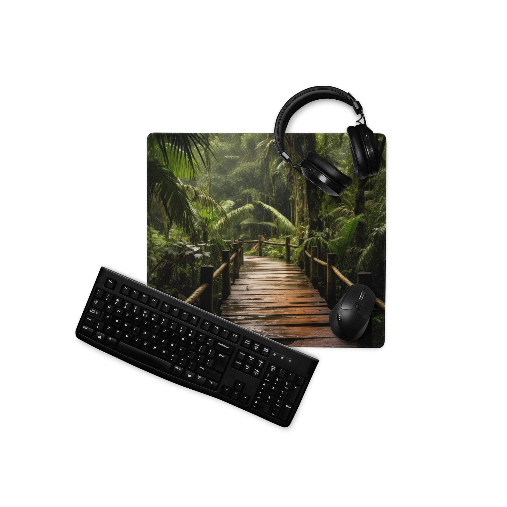 Black keyboard mouse on jungle forest path gaming pad with headphones