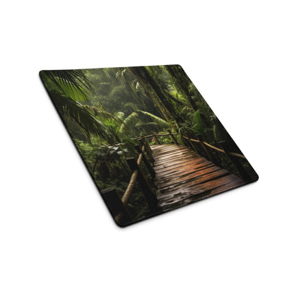 Nature inspired jungle forest path gaming mouse pad with lush green foliage and wooden bridge