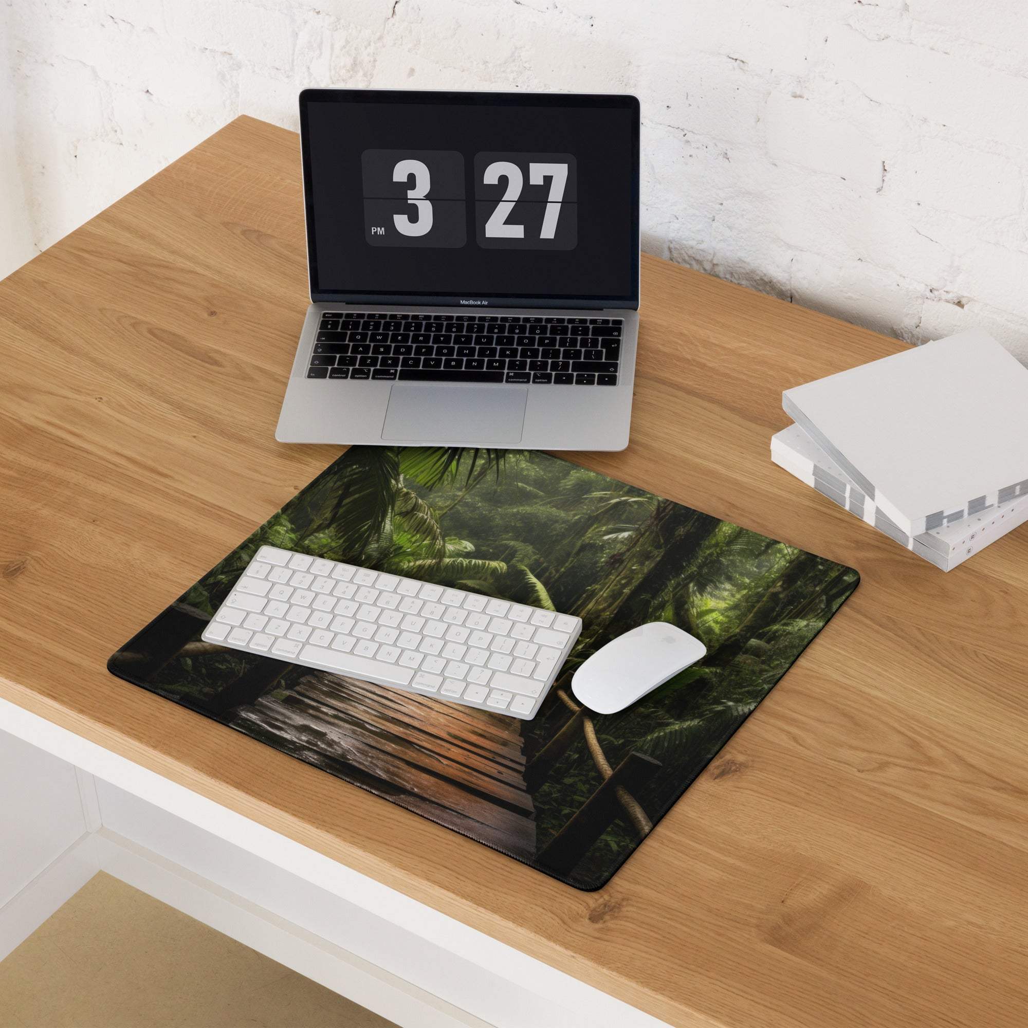 Nature inspired jungle forest path gaming mouse pad with lush green foliage and non-slip base