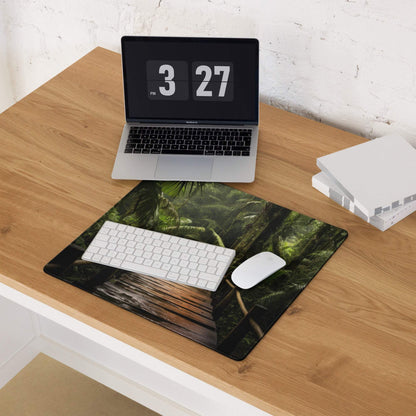 Nature inspired jungle forest path gaming mouse pad with lush green foliage and non-slip base