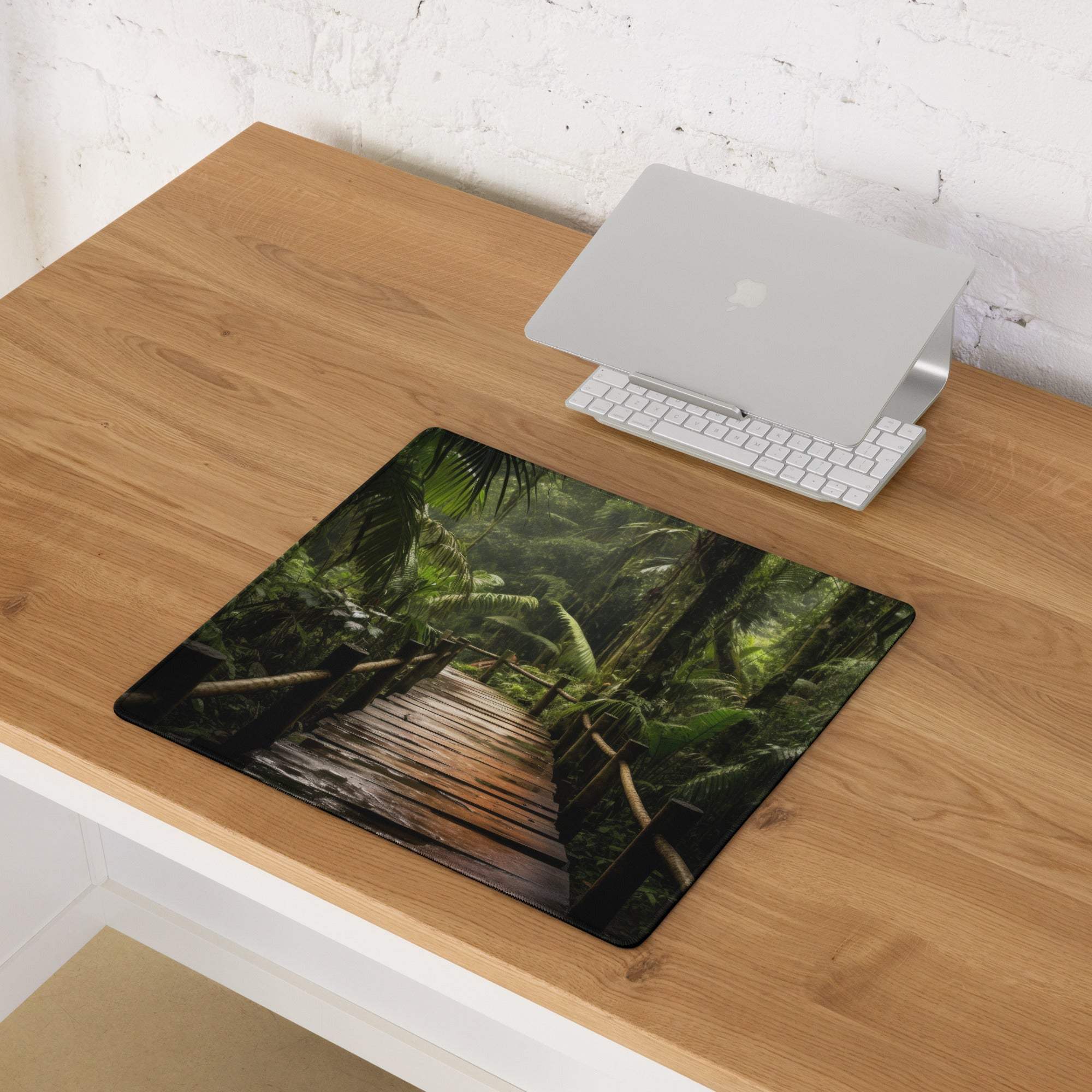 Rectangular jungle-themed gaming mousepad with lush green forest path and non-slip base