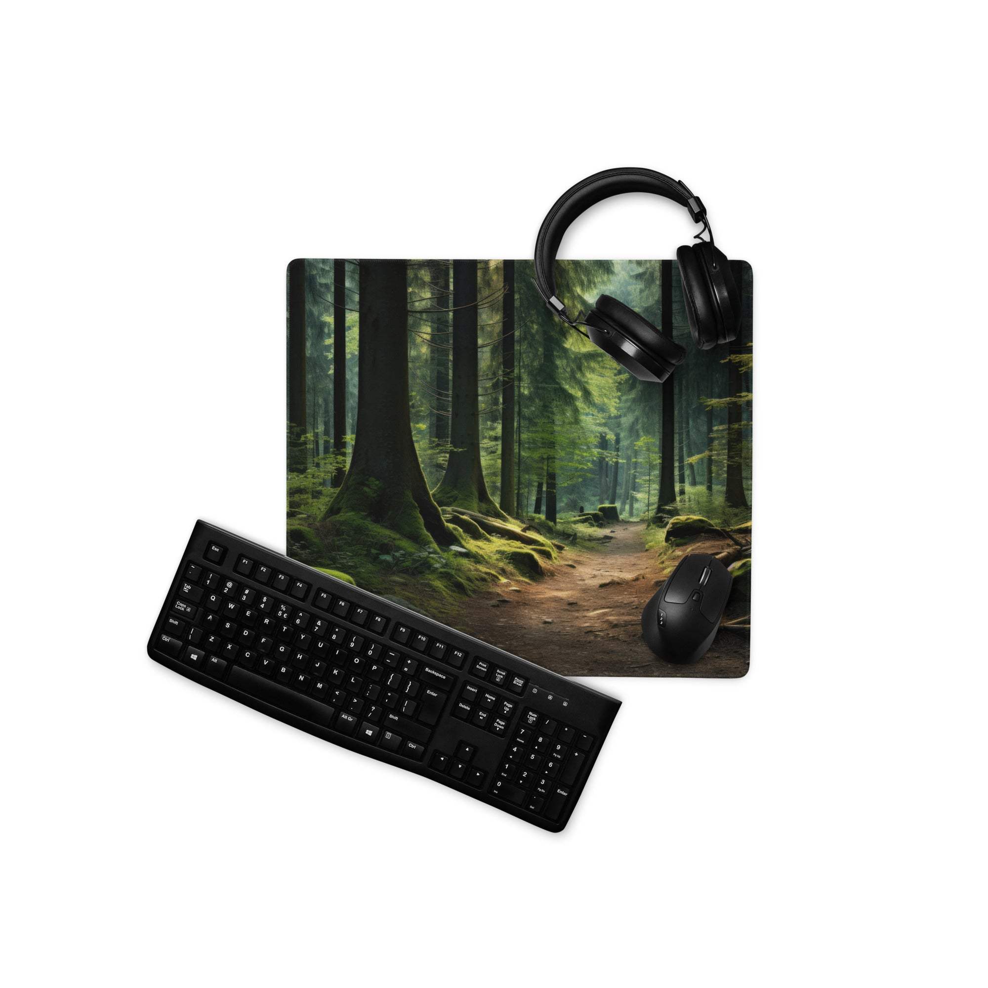 Black keyboard mouse on forest path gaming mat with headphones