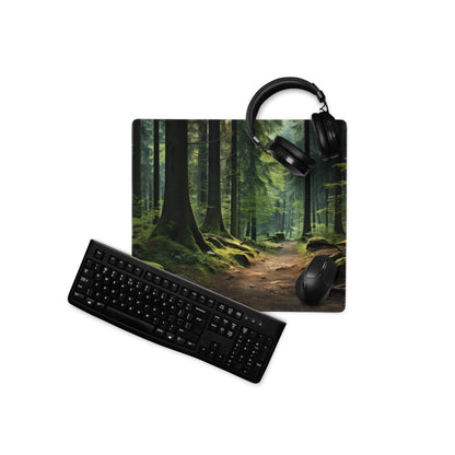 Black keyboard mouse on forest path gaming mat with headphones