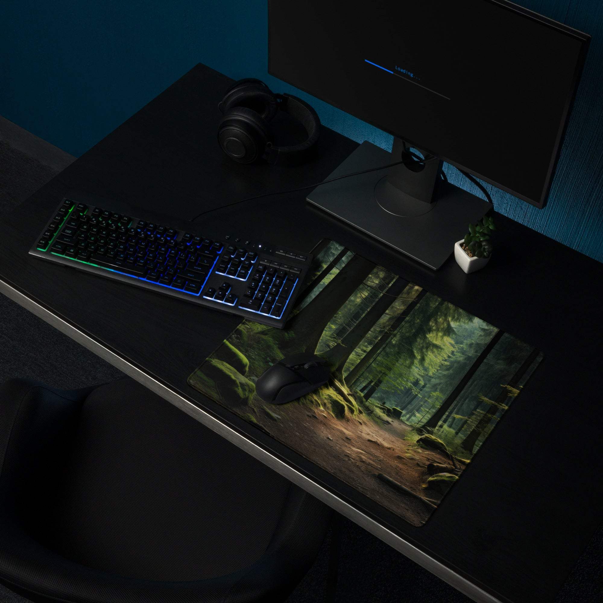 Nature inspired forest path gaming mouse pad with mossy trees and damp earth