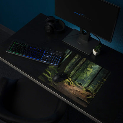 Nature inspired forest path gaming mouse pad with mossy trees and damp earth