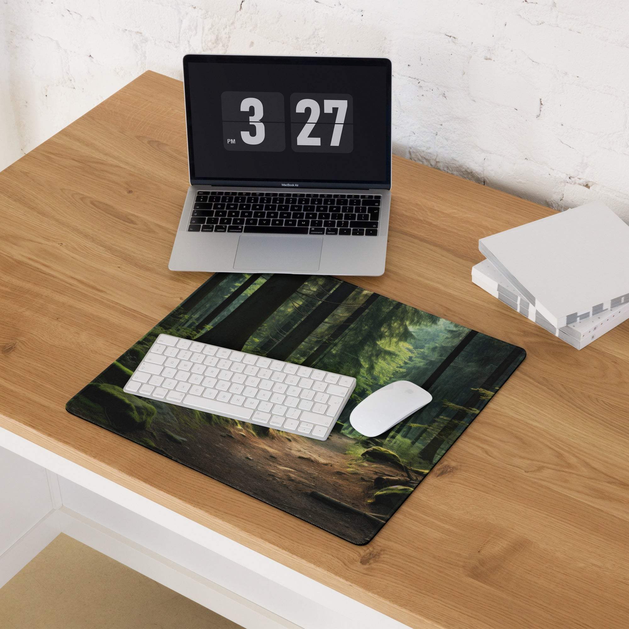 Forest path gaming mouse pad with mossy trunks, green foliage, non-slip backing