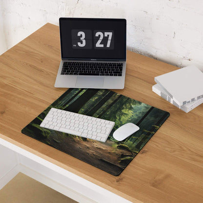 Forest path gaming mouse pad with mossy trunks, green foliage, non-slip backing