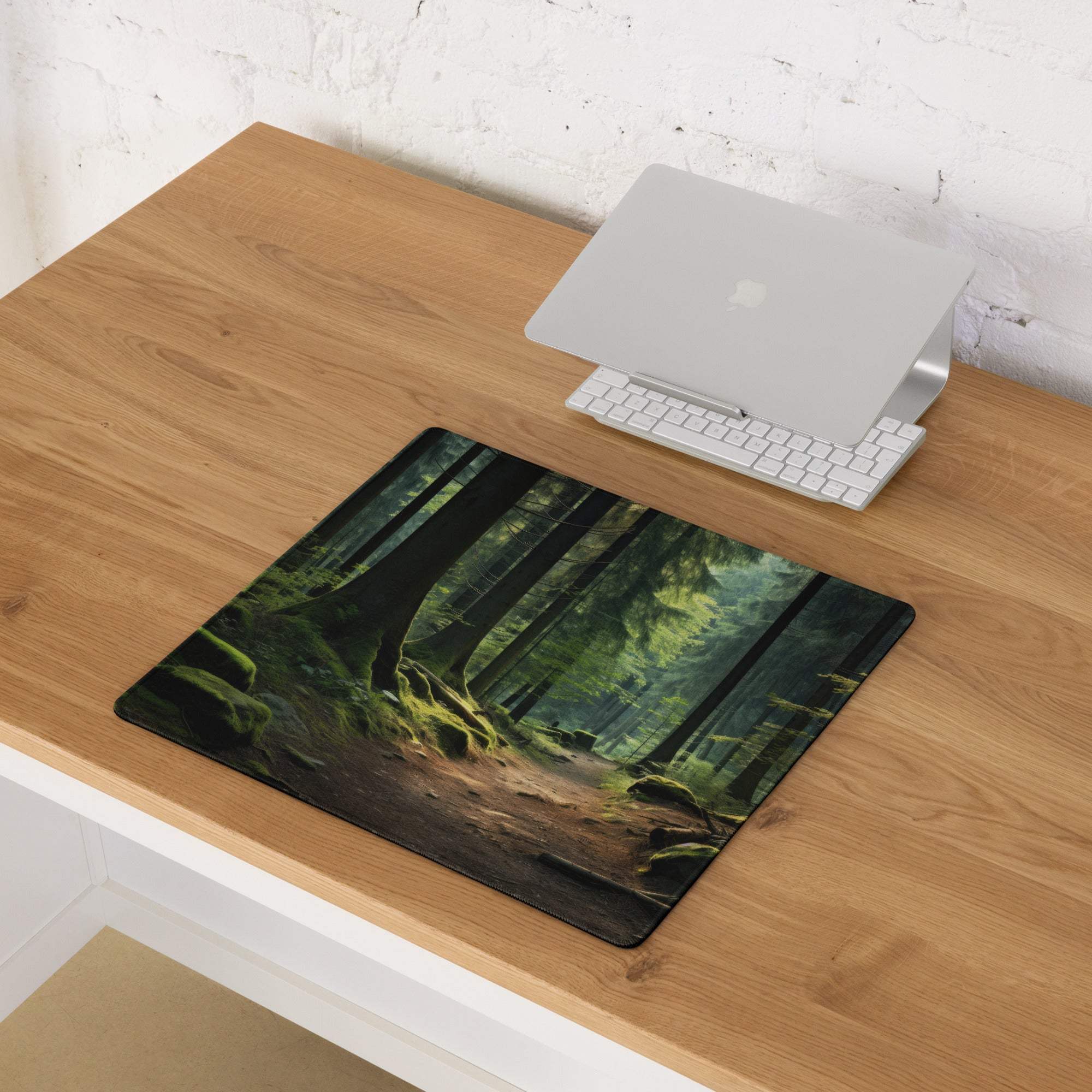 Nature-inspired forest path gaming mouse pad with mossy trees and dappled light