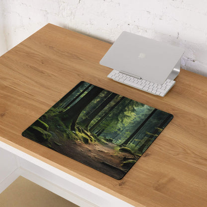 Nature-inspired forest path gaming mouse pad with mossy trees and dappled light