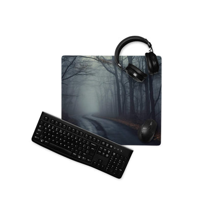 Black matte finish keyboard with standard keys on atmospheric dark forest gaming mouse pad