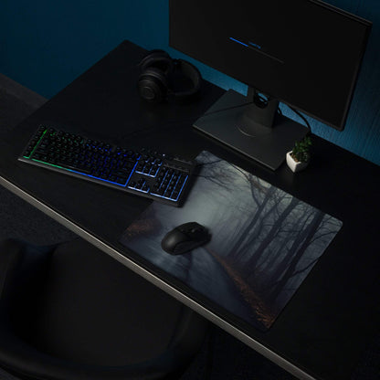 Dark forest gaming mouse pad with misty silhouetted trees and path