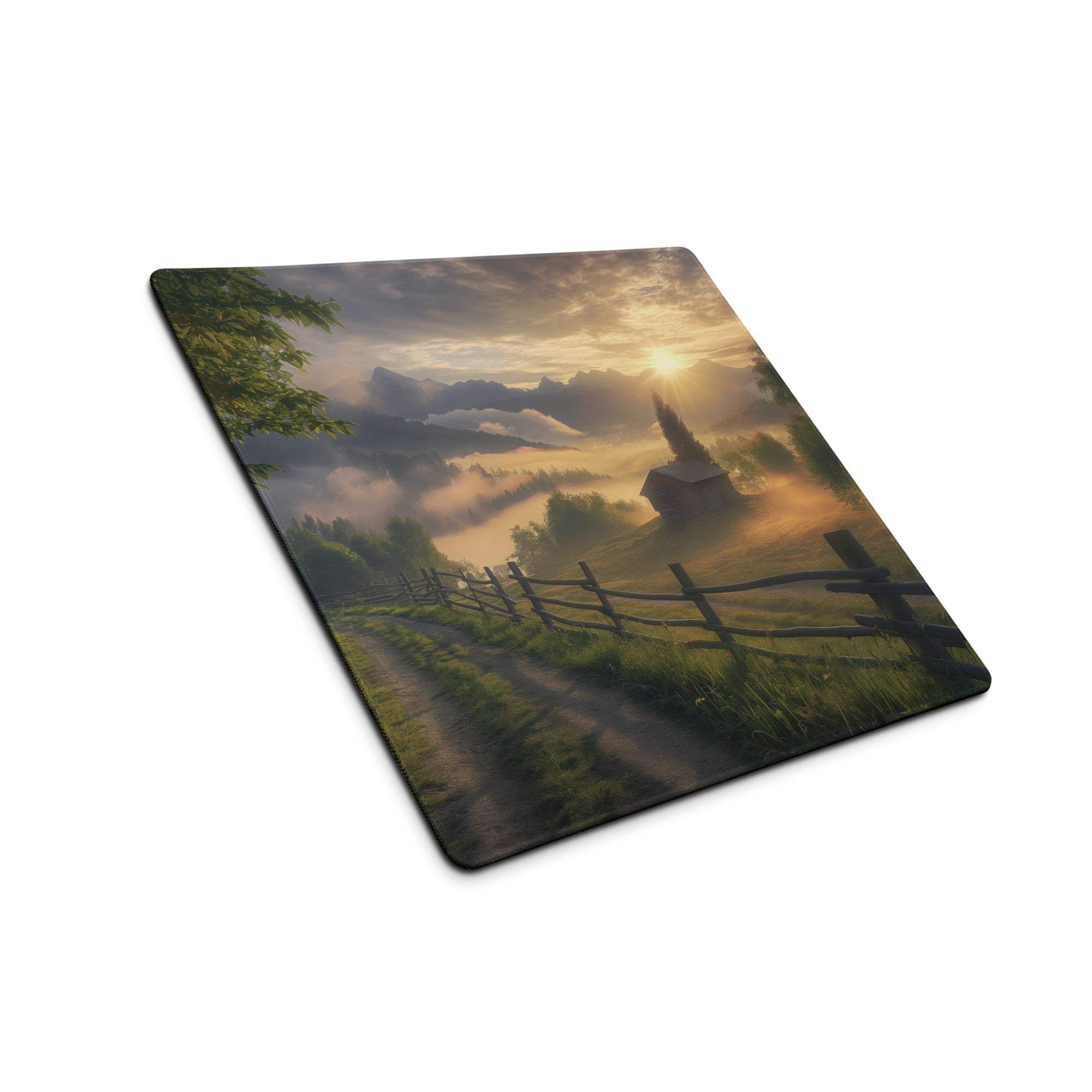 Large scenic sunrise glow gaming mouse pad with misty mountains and golden light