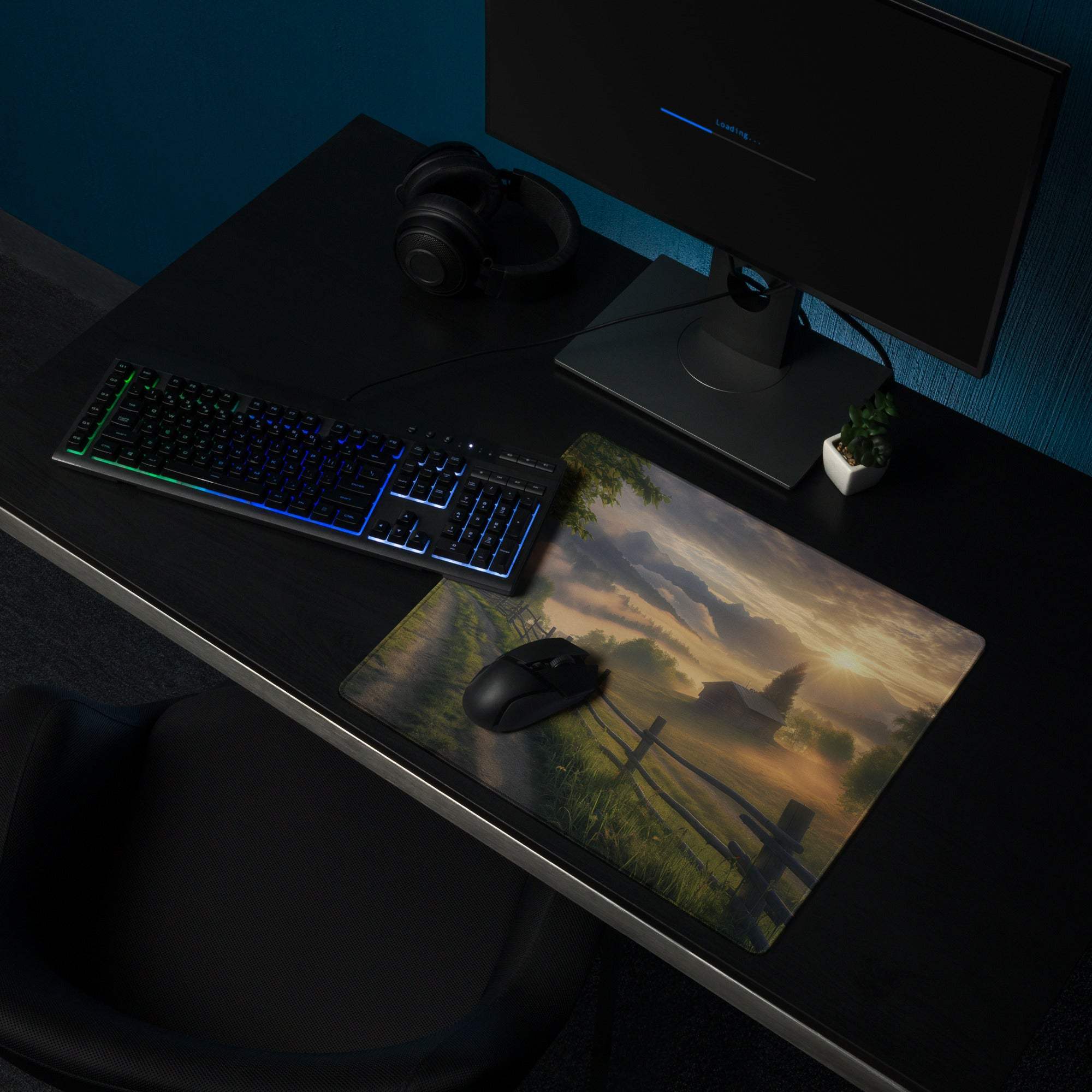 Scenic sunrise glow gaming mouse pad with countryside landscape, edge stitching