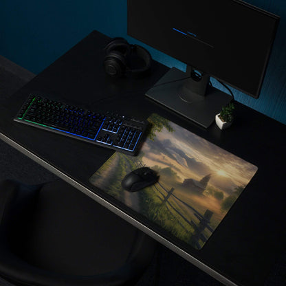 Scenic sunrise glow gaming mouse pad with countryside landscape, edge stitching
