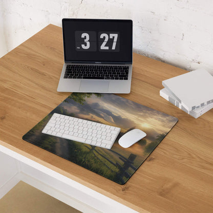 Scenic countryside sunrise glow gaming mouse pad with fields, fence, sunset